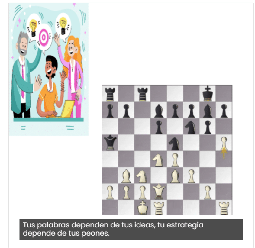 Los peones expresan estrategia las palabras tus ideas Los peones reflejan tus estrategia, las palabras tus ideas.